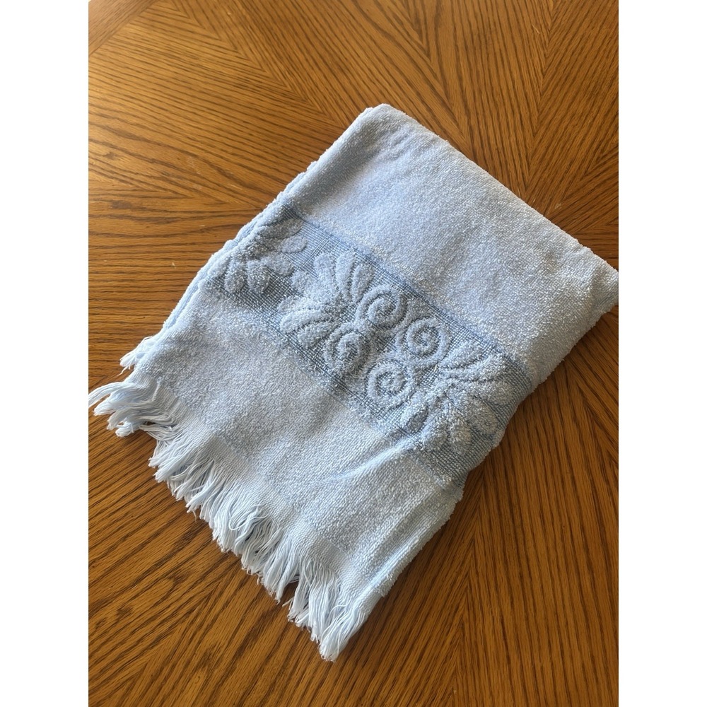 Vintage Bath Towel Cannon Monticello Light Blue 1960s 1970s MCM Scroll 44"x20"